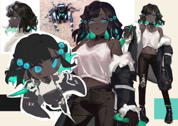 1girl arthropod_girl black_choker black_coat black_hair black_pants blue_eyes bug chibi chibi_inset choker closed_mouth clothes_down coat collage colored_inner_hair commentary cowboy_shot creature_and_personification crop_top dark-skinned_female dark_skin english_commentary eyeshadow full_body insect_girl looking_at_viewer looking_to_the_side makeup medium_hair midriff multicolored_hair multiple_views nashidrop original pants personification portrait purple_eyeshadow shirt solo spider spider_girl sweater torn_clothes torn_pants white_shirt white_sweater
