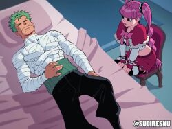 1boy 1girl animated anus audible_speech back bare_shoulders blood book breasts bulge censored chair closed_eyes earrings english_audio erection erection_under_clothes fellatio hetero jewelry lips medium_breasts monkey no_panties nude one_piece oral penis perona pink_hair pussy roronoa_zoro sex sitting skirt sound suoiresnu sword tagme tree twintails unfinished vaginal video violence weapon