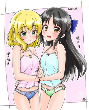 2girls absurdres artist_logo bare_shoulders black_hair blonde_hair blue_bow blue_camisole blue_panties blush border bow bow_camisole bow_panties breasts camisole character_name closed_mouth collarbone cowboy_shot dated dot_nose double-parted_bangs forehead green_eyes green_panties hair_between_eyes hair_bow hand_on_another's_hip highres holding_hands idolmaster idolmaster_cinderella_girls interlocked_fingers lace lace-trimmed_panties lace_trim logo long_hair looking_at_viewer medium_breasts multiple_girls natto-atatto20 open_mouth outside_border panties pink_background pink_camisole sakurai_momoka short_hair sidelocks simple_background small_breasts smile standing strap tachibana_arisu thighs underwear wavy_hair white_border yellow_eyes