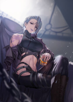 1girl absurdres asymmetrical_bangs asymmetrical_hair bare_shoulders black_jacket black_pants black_shirt blue_eyes blue_hair blurry blurry_background boots breasts brown_boots chain chest_harness clothing_cutout commentary crop_top cropped_jacket crossed_legs cup drink earrings eyelashes hair_over_one_eye harness highres hip_vent holding holding_cup jacket jewelry knee_boots lace-up_boots large_breasts laza_(0ldsong) light_particles lipstick long_sleeves looking_at_viewer makeup midriff multiple_earrings navel necklace o-ring off_shoulder open_clothes open_jacket pants parted_bangs parted_lips path_to_nowhere purple_lips shirt short_hair shoulder_tattoo sitting sleeveless sleeveless_shirt sleeveless_turtleneck_crop_top smile solo stomach tattoo teeth turtleneck zoya_(path_to_nowhere)