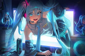 1girl @_@ absurdres bare_shoulders black_skirt blue_eyes blue_hair breasts commentary_request daae detached_sleeves energy_drink figure grey_shirt hachune_miku hatsune_miku highres long_hair miniskirt monitor pleated_skirt shirt skirt small_breasts solo tears through_medium through_screen twintails vocaloid wide_sleeves