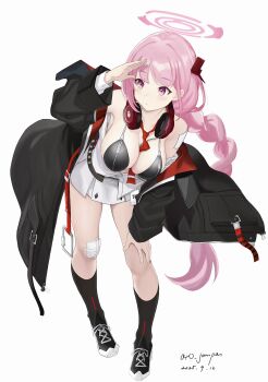 1girl absurdres bandaid bandaid_on_knee bandaid_on_leg bare_shoulders between_breasts black_jacket black_shoes black_socks blue_archive breasts closed_mouth eimi_(blue_archive) halo headphones headphones_around_neck highres jacket kneehighs large_breasts long_braid looking_to_the_side necktie necktie_between_breasts open_clothes open_jacket open_shirt oto_jampan pink_eyes pink_hair pink_halo red_necktie shading_eyes shirt shoes skirt socks solo white_shirt white_skirt