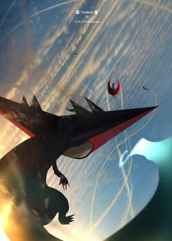 battle cloud commentary copyright_name dragapult dreepy flying gen_3_pokemon gen_8_pokemon mega_pokemon mega_salamence nintendo no_humans otsumami_(bu-bu-heaven) poke_ball_symbol pokemon pokemon_(creature) pokemon_focus salamence sky solo_focus twitter_username vs