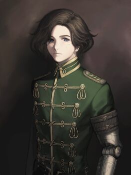 1boy black_hair blue_eyes brown_background coat commentary english_commentary freckles green_coat highres lies_of_p male_focus mechanical_arms mik_blamike pinocchio_(lies_of_p) prosthesis prosthetic_arm single_mechanical_arm solo