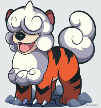 animal_focus claws commentary english_commentary fangs full_body grey_background highres hisuian_growlithe nintendo no_humans open_mouth pokemon pokemon_(creature) rock simple_background solo woofzilla
