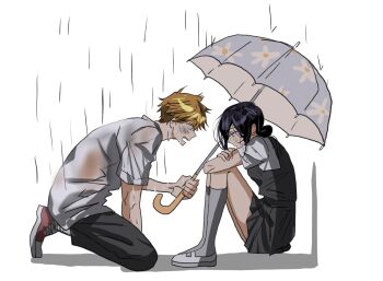 1boy 1girl black_dress black_pants blonde_hair blush breasts busuttt chainsaw_man collared_shirt denji_(chainsaw_man) dress full_body grey_socks hair_between_eyes hair_bun highres holding holding_umbrella hugging_own_legs kneeling looking_at_another medium_breasts medium_hair open_mouth pants pinafore_dress purple_hair rain reze_(chainsaw_man) sharp_teeth shirt shirt_under_dress shoes short_hair short_sleeves sitting sleeveless sleeveless_dress sneakers socks teeth umbrella updo wet wet_clothes white_background white_shirt white_shoes