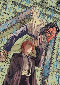 1boy 1girl black_jacket black_necktie black_pants braid breasts chainsaw chainsaw_devil chainsaw_man closed_mouth collared_shirt commentary_request denji_(chainsaw_man) hair_between_eyes hair_over_shoulder highres jacket long_hair makima_(chainsaw_man) medium_breasts necktie orange_eyes pants red_hair ringed_eyes sharp_teeth shirt shoes sidelocks single_braid sleeves_rolled_up sneakers suit_jacket sukesukeburger teeth white_shirt