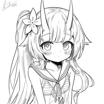 1girl bikini blue_archive camisole chise_(blue_archive) chise_(swimsuit)_(blue_archive) commentary dated expressionless flat_chest flower greyscale hair_flower hair_ornament highres horns limpiderm long_hair looking_at_viewer monochrome oni see-through_camisole see-through_clothes side_ponytail signature simple_background solo striped_bikini striped_clothes swimsuit untranslatable_commentary upper_body white_background