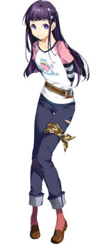 1girl arms_behind_back black_hair blue_eyes breasts choukou_(alicesoft) choukou_taisen_escalation_heroines denim full_body highres jeans looking_at_viewer miwasaka_manami official_art pants shirt smile solo t-shirt tachi-e torn_clothes torn_jeans torn_pants yoru_ga_kuru! yuunagi_(seventh_heaven)