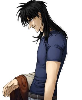 1boy belt black_belt black_eyes black_hair blue_shirt breasts commentary_request crying from_side highres holding holding_jacket holding_unworn_clothes ichido792801 itou_kaiji jacket kaiji korean_commentary long_nose male_focus shirt solo streaming_tears tears trembling unworn_jacket upper_body