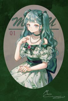 Rule 34 | 1girl, aqua hair, aqua necktie, back bow, bare shoulders, bead necklace, beads, blue eyes, bow, brooch, choker, closed mouth, commentary request, curly hair, dated, dress, earrings, fingernails, frilled sleeves, frills, green background, green bow, green choker, green dress, green ribbon, green sash, hair ribbon, hand up, hatsune miku, highres, jewelry, lace, lace-trimmed dress, lace trim, long hair, looking at viewer, memory mie, musical note, musical note print, nail polish, necklace, necktie, number tattoo, off-shoulder dress, off shoulder, puffy short sleeves, puffy sleeves, ribbon, sash, short sleeves, shoulder tattoo, signature, sitting, smile, solo, tattoo, twintails, vocaloid