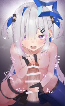 1girl absurdres amane_kanata blue_hair blush breasts colored_inner_hair erection grey_hair hair_ornament halo hetero highres hololive imminent_fellatio karikari_ume large_penis loli long_hair looking_at_penis looking_at_viewer multicolored_hair official_alternate_hair_length official_alternate_hairstyle open_mouth penis penis_awe penis_on_face purple_eyes solo star_halo streaked_hair virtual_youtuber