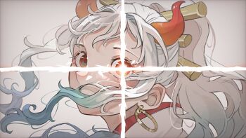 1girl aqua_hair close-up commentary_request earrings eyelashes floating_hair hair_ornament horns japanese_clothes jewelry kimono looking_back one_piece orange_eyes ponytail sidelocks solo u_mi031 white_background white_hair white_kimono yamato_(one_piece)