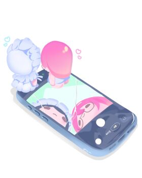 2girls alien_stage black_hair bonnet cellphone chibi chibi_only cracked_screen dress frilled_bonnet frills frown glasses heart highres mini_person mizi_(alien_stage) multiple_girls negative_space phone pink_hair pluto_chii semi-rimless_eyewear signature smartphone smile standing_on_object sua_(alien_stage) viewfinder white_background white_dress