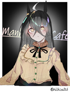 1girl :/ absurdres ahoge animal_ears artist_name black_hair black_ribbon character_name crossed_bangs ear_ornament ear_tag earrings frilled_shirt frilled_shirt_collar frills hair_between_eyes highres horse_ears horse_girl jewelry long_bangs long_hair long_hair_between_eyes long_sleeves manhattan_cafe_(casual)_(umamusume) manhattan_cafe_(umamusume) multicolored_hair neck_ribbon niihiro216 polaroid_photo ribbon shirt shirt_tucked_in single_earring solo twitter_username umamusume very_long_hair white_hair yellow_shirt