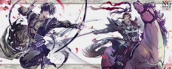 2boys 2ql1awx3zaheekr absurdres archery armor black_boots black_gloves black_hair black_pants boots bow_(weapon) breastplate chinese_armor chinese_clothes commentary_request fighting_stance gloves grey_eyes hair_between_eyes highres holding holding_bow_(weapon) holding_sword holding_weapon horseback_riding long_hair lu_bu_(shin_sangoku_musou) male_focus multiple_boys pants parted_lips ponytail riding shin_sangoku_musou shin_sangoku_musou_origins short_hair shoulder_armor sidelocks sword thick_eyebrows weapon white_background ziluan_(shin_sangoku_musou)