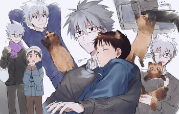 11kkr 2boys alternate_costume animalization arms_up beanie blue_eyes brown_hair collared_shirt eating food glasses grey_hair hat height_difference ikari_shinji jacket looking_at_another male_focus multiple_boys multiple_views nagisa_kaworu neon_genesis_evangelion red_eyes red_panda shirt short_hair sleeping sleeping_on_person standing sweater winter_clothes yaoi