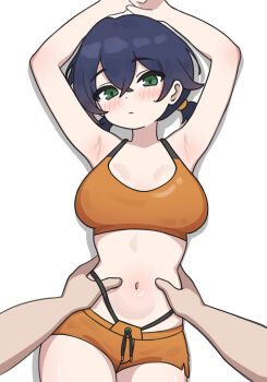 1girl absurdres armpits arms_up arutemisu180 belle_(zenless_zone_zero) bikini blue_hair breasts closed_mouth commentary_request cowboy_shot green_eyes hair_between_eyes highres large_breasts light_blush looking_at_viewer navel no_shirt orange_bikini orange_shorts pov pov_hands short_hair short_shorts short_twintails shorts simple_background solo_focus stomach swimsuit torso_grab twintails white_background zenless_zone_zero