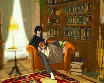 Rule 34 | 3d background, black hair, black lips, black nails, black shirt, bleach, book, bookshelf, closed eyes, commentary, couch, couple, cup, curtains, desk lamp, facial mark, fireplace, green eyes, grey pants, highres, holding, holding book, inoue orihime, lamp, long hair, lying, lying on person, medium hair, no shoes, on back, on couch, orange hair, pants, reading, shirt, sitting, sleeping, sleeping on person, soruya, table, tablecloth, teacup, ulquiorra cifer, window, yellow shirt