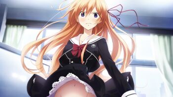Rule 34 | 1girl, black dress, black skirt, blonde hair, blue eyes, blush, bow, bowtie, breasts, buttons, chaos;child, clothes lift, collarbone, cropped jacket, double-breasted, dress, dress lift, floating hair, from below, game cg, groin, hair between eyes, hair ribbon, hekiho academy, hekiho academy school uniform, highres, indoors, kurusu nono, long hair, medium breasts, navel, no panties, non-web source, official art, out-of-frame censoring, petticoat, red bow, red bowtie, red ribbon, ribbon, sasaki mutsumi, school uniform, science adventure, short dress, skirt, skirt lift, slip showing, solo, standing, stomach, upper body, upskirt, very long hair, wind, wind lift
