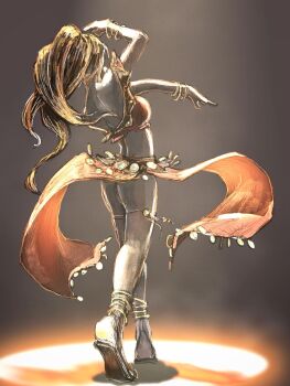 1girl anklet ass bracelet breasts brown_hair commentary_request dancer dancing highres jewelry large_breasts long_hair median_furrow multiple_bracelets octopath_traveler octopath_traveler_i primrose_azelhart qqqqqli solo spotlight standing thigh_strap