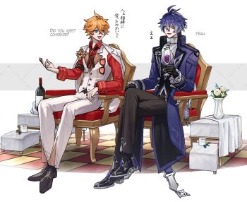 Rule 34 | 2boys, ascot, black gloves, black hair, blue coat, blue eyes, blue hair, closed mouth, coat, earrings, flins (genshin fes 2026) (genshin impact), flins (genshin impact), genshin impact, gloves, hair between eyes, holding, jacket, jewelry, long hair, male focus, multicolored hair, multiple boys, official alternate costume, open mouth, orange hair, sato nji, shirt, short hair, simple background, tartaglia (genshin fes 2026) (genshin impact), tartaglia (genshin impact), white background, white shirt, yellow eyes