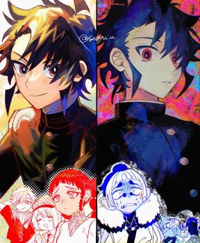 2boys 2girls black_hair blush bug character_request closed_mouth commentary_request dark-skinned_female dark_skin desscaras earrings fox freckles gloves gokuraku_(madan_no_ichi) hat highres ichi_(madan_no_ichi) jacket jewelry king_uroro kumugi_(madan_no_ichi) long_hair long_sleeves looking_at_viewer madan_no_ichi majik_(madan_no_ichi) multicolored_hair multiple_boys multiple_girls nagatsuki_(sept) open_mouth ribbon shark shirt short_hair smile spider sweatdrop turtleneck twintails witch