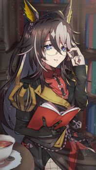 1girl absurdres ahoge animal_ears black_hair black_shorts blue_eyes book bookshelf brown_hair collared_shirt commentary_request cup dream_journey_(reminder_of_dreamland)_(umamusume) dream_journey_(umamusume) eyewear_strap fishnet_pantyhose fishnets glasses gloves hair_between_eyes highres holding holding_book horse_ears horse_girl jewelry kotou192 long_hair long_sleeves looking_at_viewer multicolored_hair multiple_rings necktie pantyhose parted_lips puffy_sleeves red_shirt ring shirt shorts single_glove sitting smile solo table tea teacup umamusume white_hair