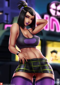 1girl abs black_choker black_hair black_sports_bra blurry blurry_background breasts choker cleavage covered_erect_nipples danny_phantom depth_of_field goth_fashion large_breasts looking_at_viewer lord_dominik medium_hair microskirt midriff navel purple_eyes purple_lips purple_thighhighs sam_manson short_hair skirt solo sports_bra thighhighs