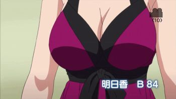 2girls animated animated_gif anime_screenshot blue_dress bouncing_breasts breast_focus breasts camera_view cleavage close-up dress japanese_text large_breasts measurements multiple_girls oretachi_ni_tsubasa_wa_nai red_dress standing tamaizumi_hiyoko watarai_asuka