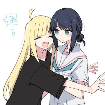 2girls :d ahoge black_shirt blonde_hair blue_neckerchief blunt_bangs cho_kaguya-hime! closed_eyes commentary_request green_eyes hair_bun highres hug kaguya_(cho_kaguya-hime!) long_hair looking_at_another mole mole_under_eye multiple_girls neckerchief open_mouth sailor_collar sakayori_iroha shiroshi_(denpa_eshidan) shirt short_hair short_sleeves simple_background single_hair_bun smile t-shirt translation_request upper_body white_background white_shirt