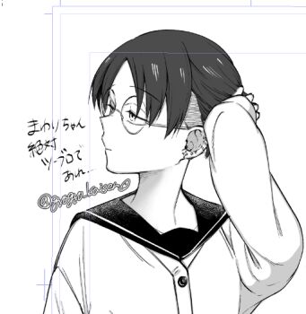 1girl cardigan closed_mouth commentary_request ear_piercing earrings futsuu_no_keion-bu glasses greyscale gyogyo_kasien hand_up jewelry monochrome nikaidou_mawari parted_bangs piercing round_eyewear sailor_collar school_uniform short_hair solo translation_request twitter_username undercut upper_body