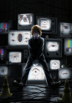 Rule 34 | 1boy, avalona, black eyes, black jacket, blonde hair, cable, commentary request, crt, etheral q, flowerman (randal's friends), glasses, highres, hitchhiker a (randal's friends), hitchhiker b (randal's friends), jacket, kinder surprised michael jr., kitty carpet (randal's friends), looking at viewer, luther von ivory, male focus, nana (randal's friends), nil (pixiv 53614557), nyen (randal's friends), nyon (randal's friends), present day problem takeuchi robert, randal's friends, randal ivory, ratman 3 (randal's friends), ratman 4 (randal's friends), ratman 5 (randal's friends), scarecrow kid (randal's friends), sebastian de tomato smith chicken legs, short hair, sitting, solo, spider-girl, television, traffic cone, tsukada satoru, yamada (randal's friends)