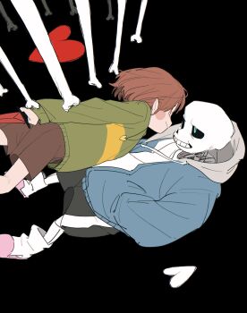 Rule 34 | 1boy, 1other, aqua eyes, black background, black shorts, blue jacket, bone, brown hair, brown shorts, chara (undertale), closed mouth, flat color, green sweater, grin, hands in pockets, heart, highres, hood, hooded jacket, jacket, open clothes, open jacket, pink slippers, red eyes, sans (undertale), shorts, skeleton, slippers, smile, socks, sweater, tadeno, teeth, undertale, utdr (toby fox), white socks