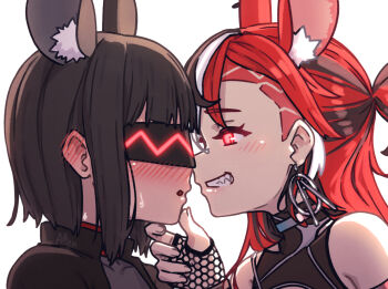 2girls alten animal_ear_fluff animal_ears artist_name assertive_female backup_dancer_(hakos_baelz) bare_shoulders black_ears black_hair black_jacket black_streaks blush commentary ear_blush earrings fade_(haircut) fishnet_gloves fishnets full-face_blush gloves glowing glowing_eyes glowing_mask hakos_baelz hakos_baelz_(monochrome_dancer) half_updo hand_on_another's_chin highres hololive hololive_english jacket jewelry mask medium_hair mouse_ears multicolored_hair multiple_girls open_mouth red_eyes red_hair sharp_teeth sideways_mouth sleeveless streaked_hair sweat teeth virtual_youtuber white_background white_hair yuri