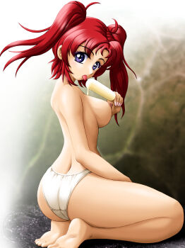 1girl feet female_focus food gundam gundam_seed gundam_seed_destiny highres ice_cream looking_at_viewer meyrin_hawke no_bra onoe panties purple_eyes red_hair solo topless_female twintails underwear