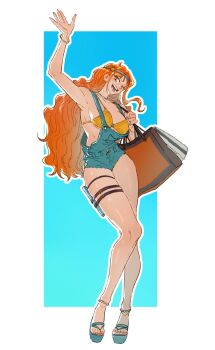 1girl alternate_costume arm_up armpits bag bangle bare_shoulders belt belt_buckle bikini bikini_under_clothes blue_overalls bracelet breasts buckle collarbone commentary denim denim_overalls denim_shorts full_body highres jewelry legs long_hair looking_at_viewer mcbuckwheat medium_breasts nail_polish nami_(one_piece) necklace one_eye_closed one_piece open_hand orange_eyes orange_hair orange_nails overall_shorts overalls pearl_necklace sandals short_shorts shorts shoulder_bag standing swimsuit symbol-only_commentary thigh_belt thigh_strap thighs toeless_footwear waving wavy_hair yellow_bikini