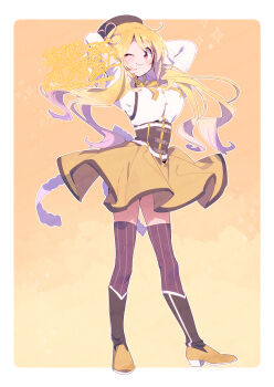 Rule 34 | 1girl, arms behind head, arms up, belt, beret, black boots, black hat, blonde hair, blush, boots, border, breasts, brown belt, brown corset, brown thighhighs, closed mouth, colored tips, commentary request, contrapposto, corset, cosplay, detached sleeves, dot nose, facing viewer, flower, full body, gem, gradient hair, hair down, hair flower, hair ornament, hair over shoulder, hairpin, hat, high collar, highres, knee boots, large breasts, legs apart, long hair, long sleeves, looking to the side, magia record: mahou shoujo madoka magica gaiden, magical girl, mahou shoujo madoka magica, mahou shoujo madoka magica (anime), multicolored boots, multicolored hair, neck ribbon, one eye closed, outline, parted bangs, pink hair, pleated skirt, puffy long sleeves, puffy short sleeves, puffy sleeves, red eyes, red gemstone, revision, ribbon, serizawa serizane, shirt, short sleeves, sidelocks, simple background, single horizontal stripe, single vertical stripe, skirt, smile, solo, soul gem, sparkle background, standing, striped clothes, striped corset, striped thighhighs, swept bangs, thighhighs, togame momoko, tomoe mami, tomoe mami (cosplay), tomoe mami (magical girl), twitter username, two-tone boots, two-tone hair, vertical-striped clothes, vertical-striped corset, vertical-striped thighhighs, wavy hair, white border, white outline, white shirt, white sleeves, yellow background, yellow boots, yellow ribbon, yellow skirt, yellow theme, zettai ryouiki