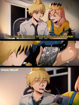 Rule 34 | ..., 1boy, 1girl, black necktie, blonde hair, blue overalls, blurry, blurry background, brown eyes, cellphone, chainsaw man, chair, collared shirt, cross-shaped pupils, crown, demon girl, denji (chainsaw man), dirty, english text, furrowed brow, hair between eyes, happy new year, hat, highres, holding, holding phone, horns, indoors, instrument, kazoo, long hair, looking at another, looking at phone, necktie, new year, one eye closed, opalis, open mouth, orange eyes, overalls, party hat, patreon username, pennant, phone, power (chainsaw man), red horns, shaded face, sharp teeth, shirt, short hair, sitting, smartphone, smile, strap slip, symbol-shaped pupils, teeth, white shirt, yellow shirt