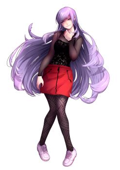 1girl 6lin absurdres aeris_(utau) black_bra black_pantyhose black_shirt bra breasts hair_down hand_up head_tilt highres lace_shirt long_hair looking_to_the_side non-web_source official_alternate_costume official_alternate_hairstyle official_art pantyhose pink_shoes purple_eyes purple_hair red_skirt see-through_clothes see-through_shirt shirt shoes sidelocks skirt sneakers solo standing swept_bangs tachi-e underwear utau very_long_hair