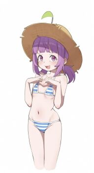 1girl :3 :d bare_arms bare_shoulders bikini blue_bikini blunt_bangs blush commentary cropped_legs flat_chest hands_up hat highres legs_together long_hair looking_at_viewer low_ponytail navel onion_(tamanegi) open_mouth original ponytail purple_eyes purple_hair raised_eyebrows short_ponytail simple_background smile solo standing straight_hair straw_hat striped_bikini striped_clothes swimsuit symbol-only_commentary tearing_up teeth upper_teeth_only white_background