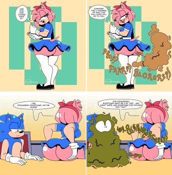 1boy 1girl 4koma absurdres amy_rose ass blue_fur blue_hair blush bow butt_crack comic diner embarrassed english_text fart farting_in_face female_focus flirting furry gloves grabbing_own_ass green_eyes half-closed_eyes highres huge_ass indoors ineptoutcast kyojiri_loli looking_at_ass looking_at_viewer looking_back maid medium_hair no_panties nose_blush notebook notepad pencil pink_fur pink_hair presenting restaurant sega shoes sitting smell smelly_anus socks solo sonic_(series) sonic_the_hedgehog sound_effects speech_bubble standing surprised thick_thighs thighs unamused waitress waitress_uniform white_gloves wide_hips