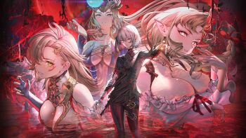 1boy 3girls absurdres aiona_(silver_and_blood) asymmetrical_hair belt belt_buckle belt_collar black_collar black_pants black_shirt blonde_hair blood bow bracer braid breasts brown_belt buckle castle center_opening cleavage closed_mouth collar cropped_torso detached_collar dress empousa_(silver_and_blood) expressionless eyelashes eyes_visible_through_hair feet_out_of_frame floating_hair frilled_shirt frills gold_buckle grey_eyes grin hair_between_eyes hair_bow hair_ornament hairclip hati_(silver_and_blood) highres huge_breasts large_breasts layered_shirt light_frown long_sleeves looking_at_viewer low_neckline multiple_belts multiple_girls nanaken_nana night noah_nevernight object_floating_above_hand off-shoulder_shirt off_shoulder orb outdoors outstretched_arm pants pool_of_blood poster_(medium) purple_dress red_bow red_ribbon red_sky ribbon scar scar_on_face shirt short_hair silver_and_blood single_braid sky smile sparkle starry-eyed_aiona_(silver_and_blood) strapless strapless_dress striped_clothes striped_dress thigh_belt thigh_strap torn_clothes torn_shirt turtleneck turtleneck_shirt vampire vertical-striped_clothes vertical-striped_dress white_hair white_shirt