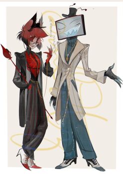 2boys alastor_(hazbin_hotel) black_coat casual coat commentary demon_boy english_commentary formal_clothes hat hazbin_hotel hellaverse highres mbdtz multiple_boys pants red_hair sharp_teeth suit teeth vox_(hazbin_hotel) white_coat