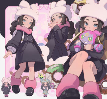 1girl ansha_(pokemon) backpack bag black_coat black_hair black_shoes blue_eyes closed_mouth coat commentary_request donut eyelashes food gen_6_pokemon hat highres hoopa hoopa_(confined) knees leg_warmers legendary_pokemon long_hair long_sleeves multiple_views mythical_pokemon nintendo pink_leg_warmers pokemon pokemon_(creature) pokemon_legends:_z-a shoes smile standing white_bag yoyogur