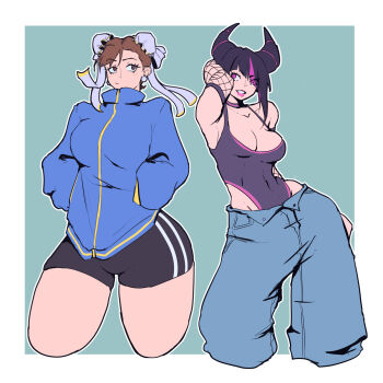 2girls absurdres black_hair black_one-piece_swimsuit black_shorts blue_jacket breasts brown_eyes brown_hair capcom chun-li cleavage closed_mouth commentary covered_navel dentedhood double_bun english_commentary grin hair_bun hair_horns han_juri hands_in_pockets highres jacket large_breasts multicolored_hair multiple_boys multiple_girls one-piece_swimsuit pants pink_eyes pink_hair shorts smile street_fighter street_fighter_6 swimsuit track_jacket two-tone_hair