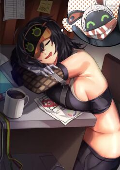 1girl ahoge animated armpit_crease arms_on_table asymmetrical_gloves bandana bangboo_(zenless_zone_zero) bare_shoulders black_gloves black_hair black_pants black_sports_bra breasts chair clip_studio_paint_(medium) closed_eyes coffee_mug cup desk dreaming drooling eous_(zenless_zone_zero) fishnet_gloves fishnets gloves grace_howard hair_between_eyes hisuikouha indoors large_breasts long_hair making-of mask_over_one_eye mismatched_gloves mouth_drool mug on_chair open_mouth orange_bandana pants paper sideboob sitting sketch sleep_mask sleeping sleeping_on_desk smile solo_focus speech_bubble sports_bra tagme thought_bubble video zenless_zone_zero