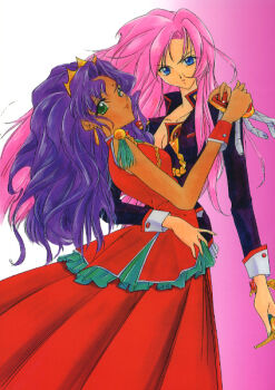 1990s_(style) 2girls bindi blue_eyes breasts cleavage crown dark_skin dark-skinned_female dress earrings epaulettes green_eyes himemiya_anthy hug jewelry long_hair multiple_girls pink_hair purple_hair red_dress shoujo_kakumei_utena sword tassel tenjou_utena uniform wavy_hair weapon yuri
