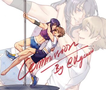 Rule 34 | 1boy, 1girl, abs, ao no kiseki, barefoot, boxer briefs, boxers, breasts, brown eyes, brown hair, commentary, commission, eiyuu densetsu, english commentary, full body, hair between eyes, highres, lloyd bannings, male underwear, medium breasts, midriff, muscular, muscular female, navel, open mouth, parted lips, pole dancing, purple eyes, purple hair, rixia mao, shoes, short hair, smile, sneakers, sports bra, underwear, watermark, watermark grid, yewlania, zero no kiseki