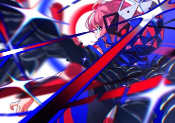 1girl absurdres blue_eyes commentary_request from_behind highres hood hooded_jacket jacket kaf_(kamitsubaki_studio) kamitsubaki_studio looking_at_viewer looking_back official_art pink_hair sideways_glance solo toki_(asunan6618) yellow_pupils